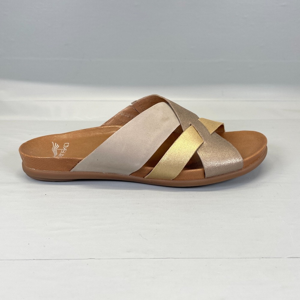 Dansko Joanna Sandals Womens Size 37 US 6.5 Beige Pewter Leather Slide Shoes